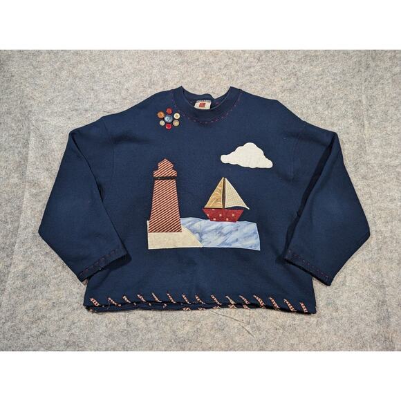 Vintage Crewneck Navy Large Sweatshirt Patchwork Lighthouse Coastal Grandma - Picture 1 of 8
